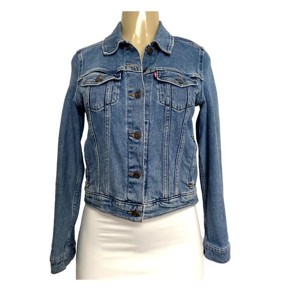 Levi's Premium Original Trucker Jacket Jean Denim Blue Long Sleeve Button Down S - Picture 1 of 9